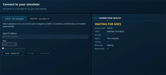 Connexion UTL finale : mode LOCAL sélectionné, option REMOTE et état en attente de MSFS.